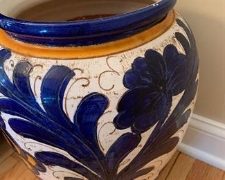 $24- Italian Pottery Vase- in hues of blue and yellow. 18" tall with the mouth measures 8.5" across. Some very minor chipping on the mouth. 