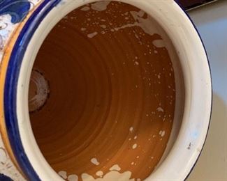 $24- Italian Pottery Vase- in hues of blue and yellow. 18" tall with the mouth measures 8.5" across. Some very minor chipping on the mouth. 