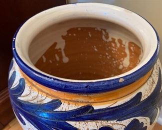 $24- Italian Pottery Vase- in hues of blue and yellow. 18" tall with the mouth measures 8.5" across. Some very minor chipping on the mouth. 