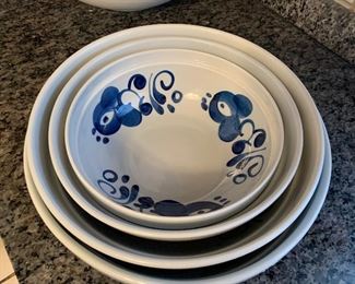 $25- set of Hand-Painted bowls- Lapid- made in Israel. The nesting bowls measure 12", 11", 9.75" and 8.5" and the more shallow larger one measures 12" 