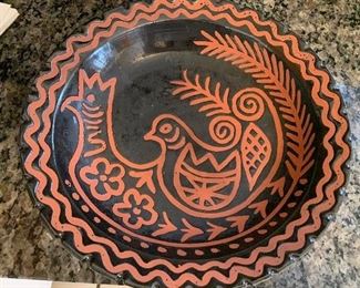 $15- Terracotta Chicken design black and orange bowl. 10.25" no chips. 