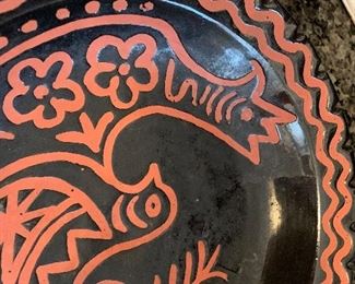 $15- Terracotta Chicken design black and orange bowl. 10.25" no chips. 