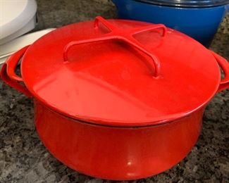 $25- Dansk red enamel pot 8.5" across and 3.5" deep