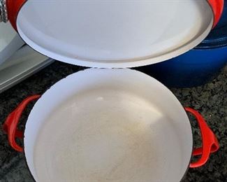 $25- Dansk red enamel pot 8.5" across and 3.5" deep