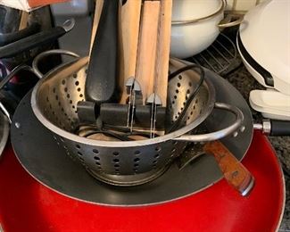 Now $40--60- Large Lot of cookware; pots/pans of different sizes and condition, metal colander, knife sharpener, Mandoline, large George Foreman grill, electric knife. Keep what you want and send the rest with a college kid! 