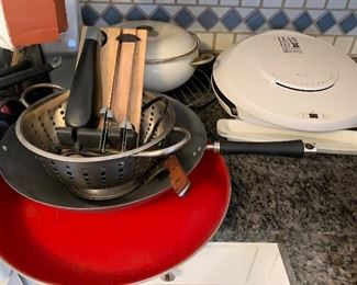 Now $40--60- Large Lot of cookware; pots/pans of different sizes and condition, metal colander, knife sharpener, Mandoline, large George Foreman grill, electric knife. Keep what you want and send the rest with a college kid! 
