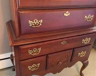 NOW $700!!--WAS $1,200- GORGEOUS king bedroom SET. Includes Furniture by American Drew and features a high boy measuring approximately 7' tall by 38" wide at the bottom and 33.2" wide on the top.  Dresser with large.  mirror includes ten drawers for ample storage measuring 66" long by 19" wide. Also includes a four poster very beautiful bed with a mattress (NO stains) by Spring Air which honestly feels like you are sleeping on a cloud!. Set INCLUDES, sheets, a white comforter, and several pillows and extra blankets. 