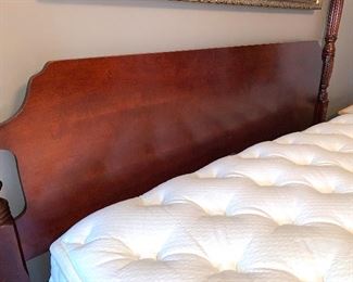 $700- GORGEOUS king bedroom SET. Includes Furniture by American Drew and features a high boy measuring approximately 7' tall by 38" wide at the bottom and 33.2" wide on the top.  Dresser with large.  mirror includes ten drawers for ample storage measuring 66" long by 19" wide. Also includes a four poster very beautiful bed with a mattress (NO stains) by Spring Air which honestly feels like you are sleeping on a cloud!. Set INCLUDES, sheets, a white comforter, and several pillows and extra blankets. 