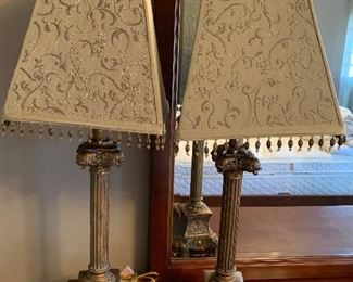 $50 -Pair of beautiful decorative lamps with gold/bronze accents and light sage green shades. about 18" tall with the shades measuring approximately 11.75"x9.5" (there are two sets of these lamps for sale/$50 pair)