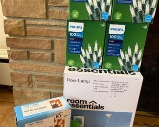 $15- Brand new Target- Room Essentials floor lamp in the box - silver painted finish/3-way lamp with 7 boxes of new mini lights.