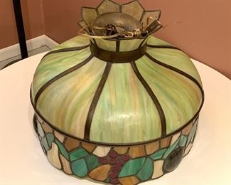 $150- Bent Slag Glass Shad with Leaded Fruit- in excellent condition. About 17" tall by 23" wide. 