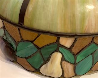 $150- Bent Slag Glass Shad with Leaded Fruit- in excellent condition. About 17" tall by 23" wide. 