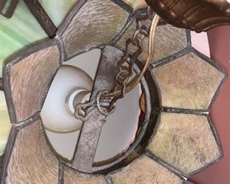 $150- Bent Slag Glass Shad with Leaded Fruit- in excellent condition. About 17" tall by 23" wide. 