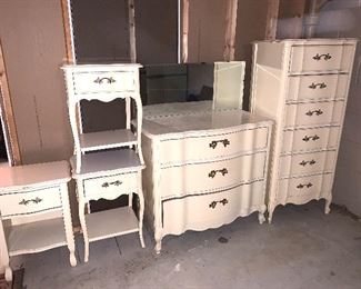 SOLD- LOT off white provincial furniture; lingerie chest of drawers, three side table and one dresser with three drawers. Small burn mark on top of three-drawer dresser. 