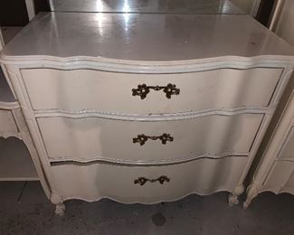 SOLD- LOT off white provincial furniture; lingerie chest of drawers, three side table and one dresser with three drawers. Small burn mark on top of three-drawer dresser. 