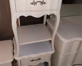 SOLD- LOT off white provincial furniture; lingerie chest of drawers, three side table and one dresser with three drawers. Small burn mark on top of three-drawer dresser. 
