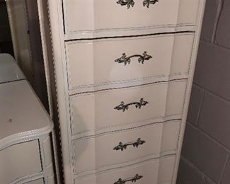 SOLD-  LOT off white provincial furniture; lingerie chest of drawers, three side table and one dresser with three drawers. Small burn mark on top of three-drawer dresser. 