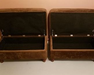 $30-Pair of brown microfiber ottomans with storage. Measures 31"×21" and 15" high. Some scratches on most of the wooden feet. 