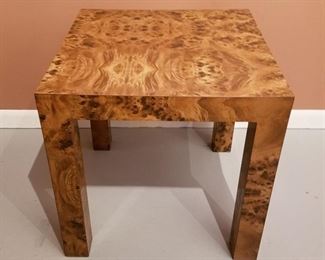 SOLD- Brown and tan swirl veneer side table measures 19×19×19