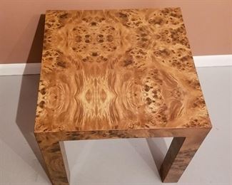 SOLD- Brown and tan swirl veneer side table measures 19×19×19