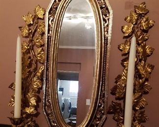 SOLD=-  Gold mirror and pair of candleholders. Mirror measures 22"×19 candleholders are 19" tall