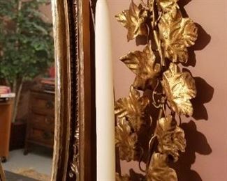 SOLD--Gold mirror and pair of candleholders. Mirror measures 22"×19 candleholders are 19" tall
