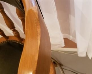 $40-Set of 4 wood and black leather barstools. Measure 42" high and 20" width between arms, seat is 31" high. Scuffed wood on all upper wood chair back