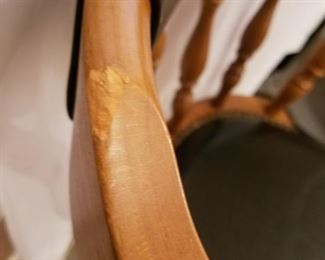 $40-Set of 4 wood and black leather barstools. Measure 42" high and 20" width between arms, seat is 31" high. Scuffed wood on all upper wood chair back