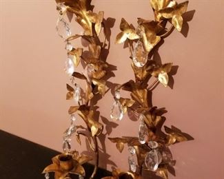 $16-Pair of gold candleholders with dangling crystals. Missing a few crystals. Measures 19" 