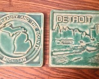 Two Pewabic pottery tiles, Michigan & Detroit