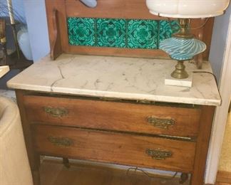 Antique chest w/ marble top, 2 drawers and vintage tiles, Art Glass lamp (Fenton")