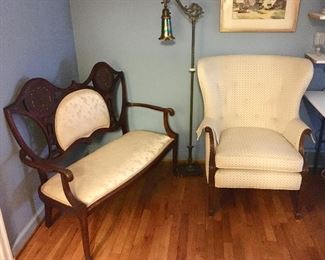 Antique settee and antique floor lamp w/ Art Glass shade are SOLD, Vintage wing back chair (1 of 2 matching) still available