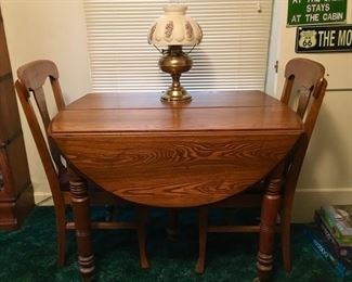 Antique drop leaf table & 2 chairs, Vintage kerosene lamp (electrified)