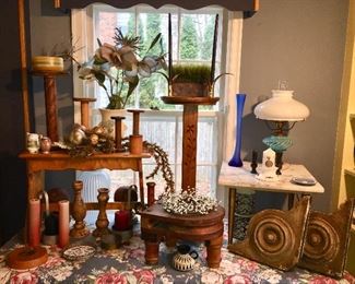 Antique & vintage items, large wooden pulley made into a step stool, Art glass Fenton? lamp, antique sewing spools, etc.