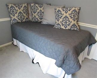 Twin Bed with all accent pillows, comforter, bed skirt, mattress, box spring as seem in photo. 39"w X 27"h X 79"l PRICE: $195.00