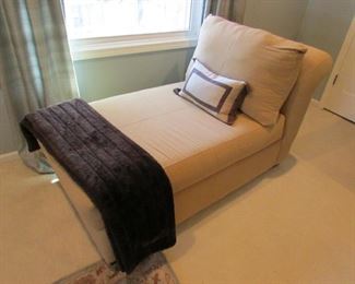 Upholstered chaise lounge WITH accent pillow and throw included. 31"w X 33"h X 65"l PRICE: $200.00