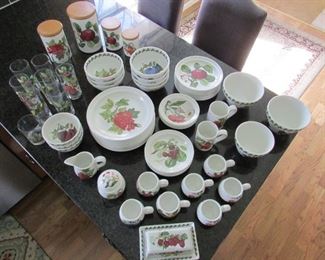 Portmeirion Pomona set of dinnerware including: (9) 7.25" plates, (2) mugs, (5) 5.5" bowls, 1 creamer and 1 sugar, (4) canisters, (7) 6.75" bowls, (8) water glasses with some wear, (1) rocks glass with some wear, (2) 7" X 4" bowls, (1) 6" X 3.75" bowl, (1) 2pc. butter dish, (7) teacups, (12) 8.5" plates, (8) 6.5" bowls, and (10) 10.25" dinner plates. Originally purchased at "Coach and Four" in North Canton. PRICE FOR SET ONLY: $425.00 for ALL