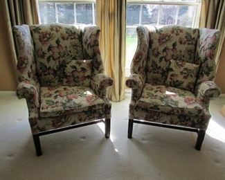 SET OF (2) vintage custom re-upholstered wing chairs with pillows and 2-tone upholstery. 34"w X 43"h X 28"d. PRICE: $325.00 FOR PAIR