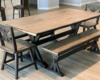 Rustic Farmhouse Trestle Table w/ Chairs & Benches Table: 30.5x40x78in HxWxD