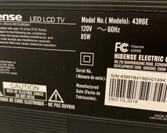 Hisense 43in 4K UHD Smart TV 43RGE HD TV 24x28x8in (width measured at feet) HxWxD