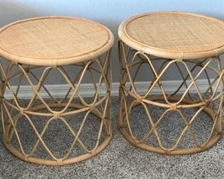 2pc Wicker Drum Side Tables PAIR 20in H x 20.5in Diameter