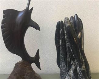 Beautiful Wood and Orthoceras Sculptures wScrimshaw Replica Whale Tooth