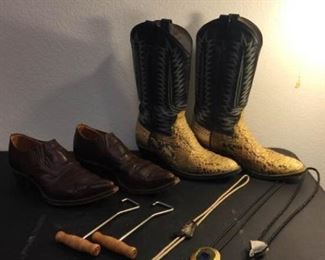 Leather Ostrich Cowboy Boots and Bolo Ties