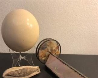 Ostrich Egg, Hand Made Kaleidoscope and Stone Carved Whale