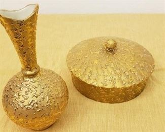 Vase and Dish with Lid Hand Decorated with 22 Karat Gold