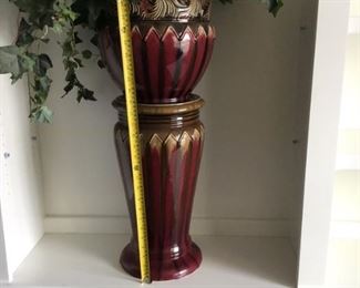 2 piece planter ( majolica like)no markings, approx 27" tall, smll chip on bottom, does not show from top comes with plant $ 75.00  REDUCED TO $ 40.00