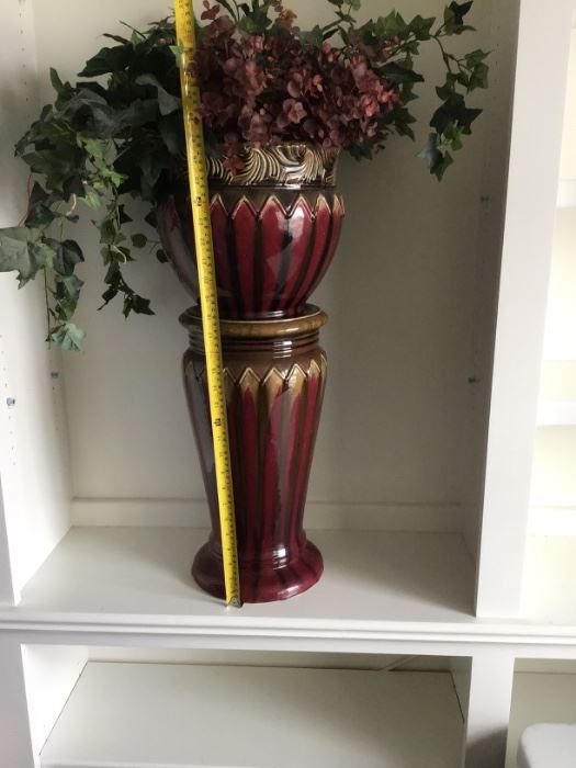 2 piece planter ( majolica like)no markings, approx 27" tall, smll chip on bottom, does not show from top comes with plant $ 75.00  REDUCED TO $ 40.00