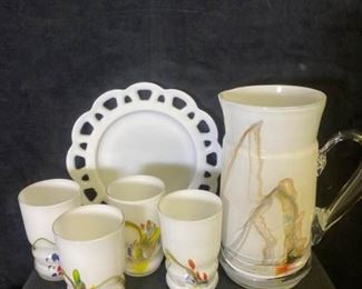 208m Slag Glass Pitcher  Glasses