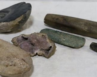 Group of 2 fossils, gemstones & stone tools