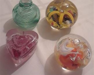 KARG AND ASSORTED GLASS PAPERWEIGHTS WITH A GREEN PERFUME BOTTLE GLASS PAPERWEIGHT